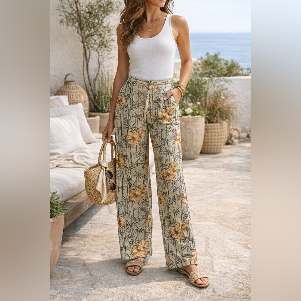Adrianna Papell 100% Silk Tropical Floral Pants Size 6 Wide Leg Resort Vacation